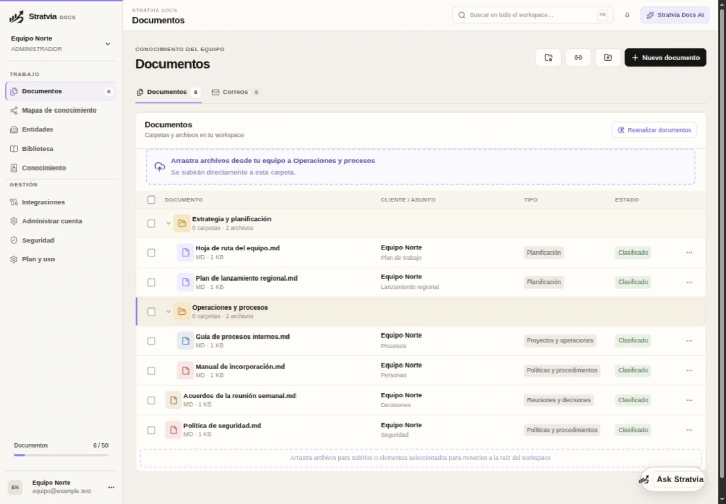 Pantalla real de Stratvia Docs: documentos organizados en carpetas, categorías y estados de análisis.